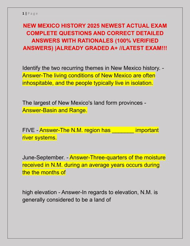 NEW MEXICO HISTORY 2025 NEWEST ACTUAL EXAM COMPLETE QUESTIONS AND CORRECT DETAILED ANSWERS WITH RATIONALES