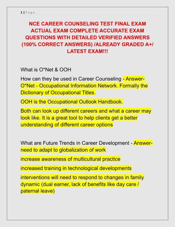NCE CAREER COUNSELING TEST FINAL EXAM ACTUAL EXAM COMPLETE ACCURATE EXAM QUESTIONS WITH DETAILED VERIFIED ANSWERS