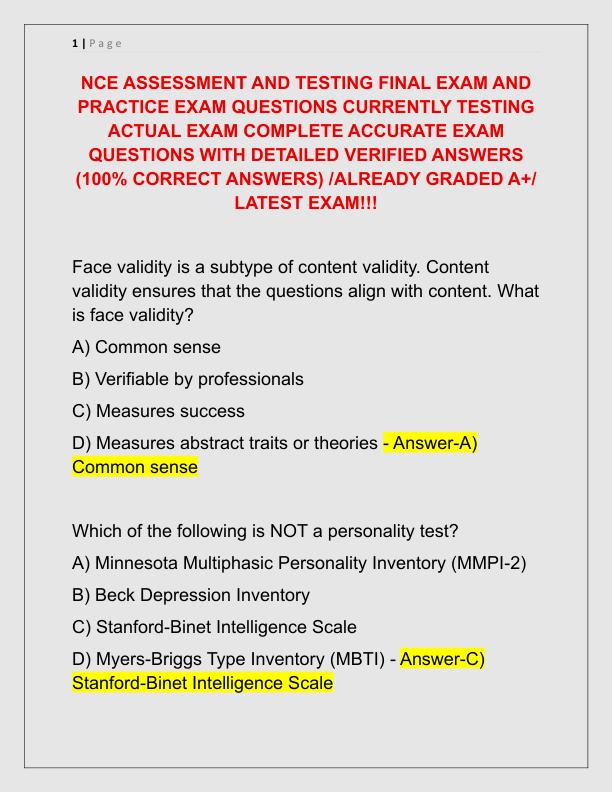 NCE ASSESSMENT AND TESTING FINAL EXAM AND PRACTICE EXAM QUESTIONS CURRENTLY TESTING ACTUAL EXAM COMPLETE ACCURATE EXAM QUESTIONS WITH DETAILED VERIFIED ANSWERS