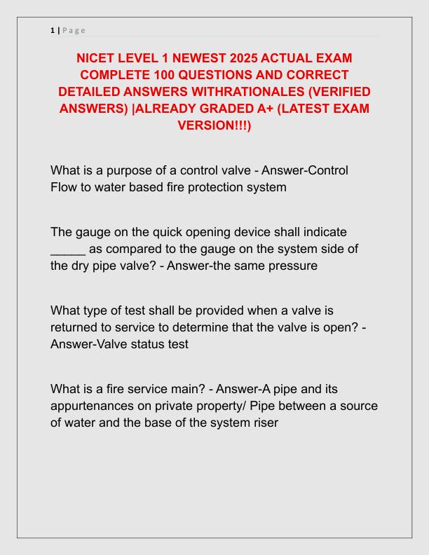NICET LEVEL 1 NEWEST 2025 ACTUAL EXAM COMPLETE 100 QUESTIONS AND CORRECT DETAILED ANSWERS WITHRATIONALES