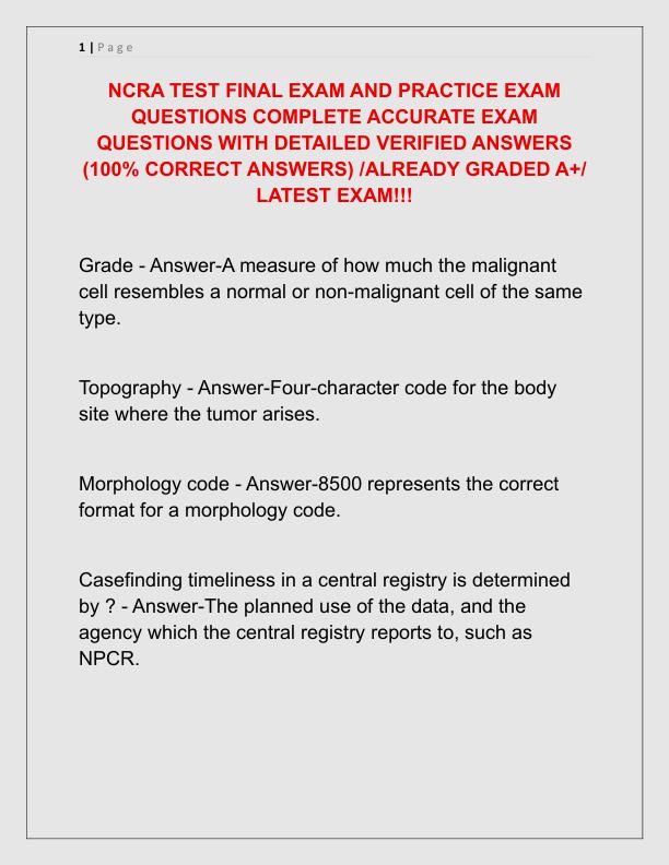 NCRA TEST FINAL EXAM AND PRACTICE EXAM QUESTIONS COMPLETE ACCURATE EXAM QUESTIONS WITH DETAILED VERIFIED ANSWERS