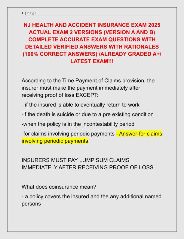 NJ HEALTH AND ACCIDENT INSURANCE EXAM 2025 ACTUAL EXAM 2 VERSIONS