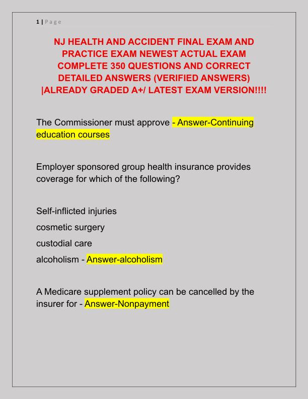 NJ HEALTH AND ACCIDENT FINAL EXAM AND PRACTICE EXAM NEWEST ACTUAL EXAM COMPLETE 350 QUESTIONS AND CORRECT DETAILED ANSWERS