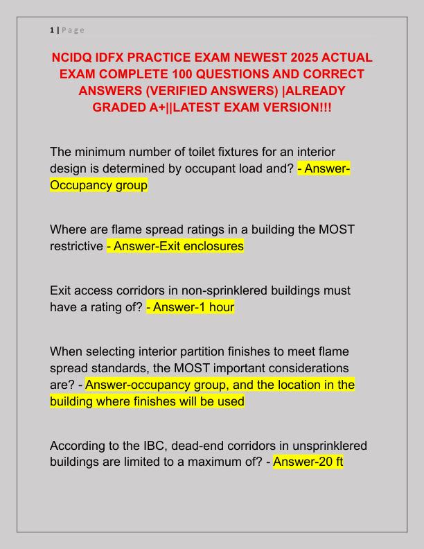 NCIDQ IDFX PRACTICE EXAM NEWEST 2025 ACTUAL EXAM COMPLETE 100 QUESTIONS AND CORRECT ANSWERS