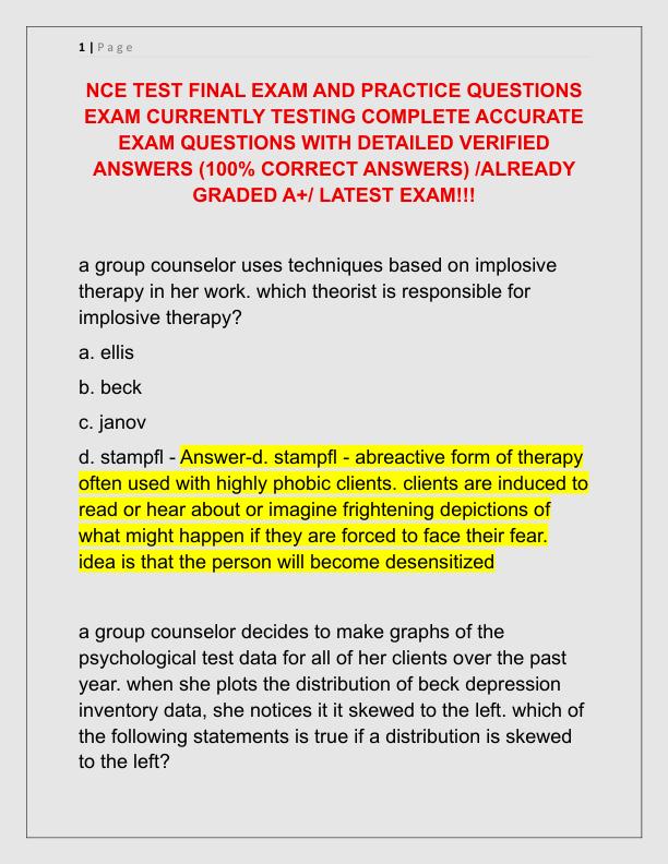 NCE TEST FINAL EXAM AND PRACTICE QUESTIONS EXAM CURRENTLY TESTING COMPLETE ACCURATE EXAM QUESTIONS WITH DETAILED VERIFIED ANSWERS