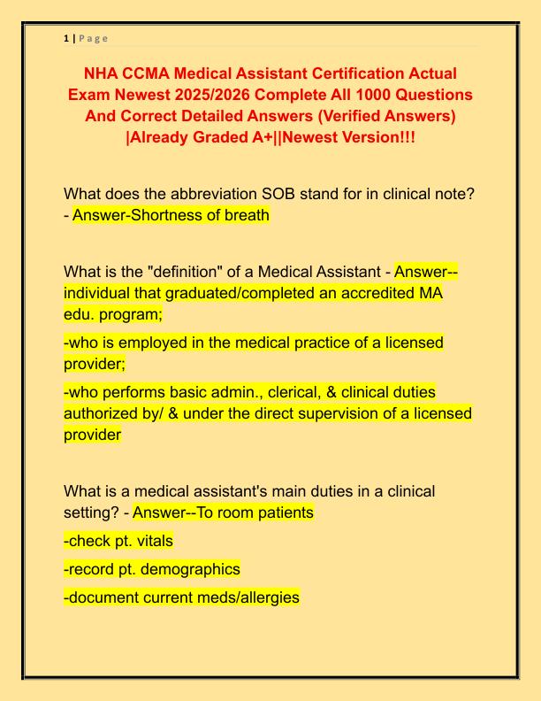 NHA CCMA Medical Assistant Certification Actual Exam Newest 2025