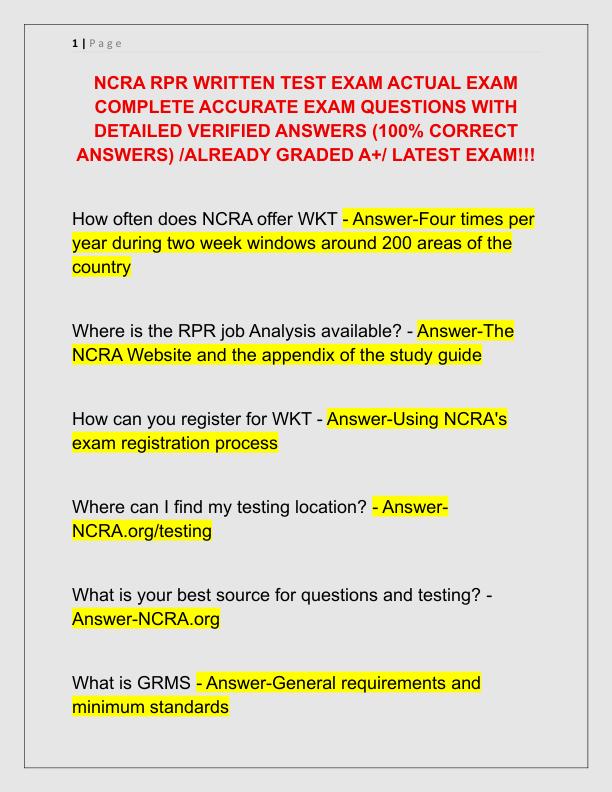 NCRA RPR WRITTEN TEST EXAM ACTUAL EXAM COMPLETE ACCURATE EXAM QUESTIONS WITH DETAILED VERIFIED ANSWERS