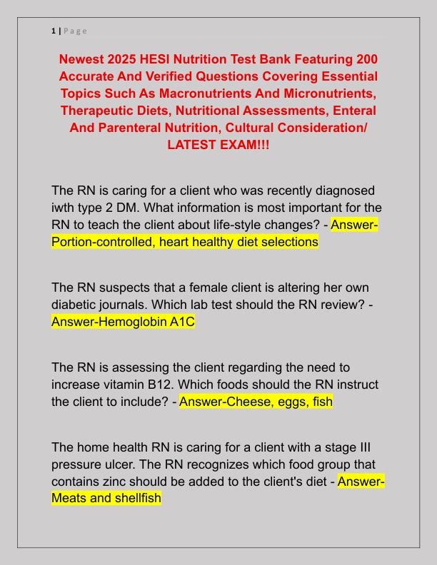 Newest 2025 HESI Nutrition Test Bank Featuring 200 Accurate And Verified Questions Covering Essential Topics Such As Macronutrients And Micronutrients