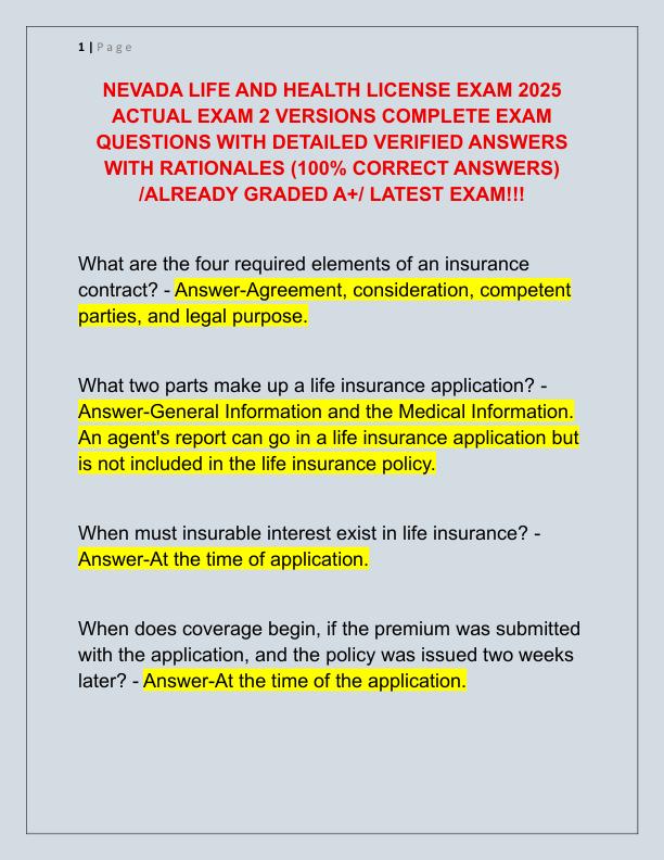 NEVADA LIFE AND HEALTH LICENSE EXAM 2025 ACTUAL EXAM 2 VERSIONS COMPLETE EXAM QUESTIONS WITH DETAILED VERIFIED ANSWERS WITH RATIONALES