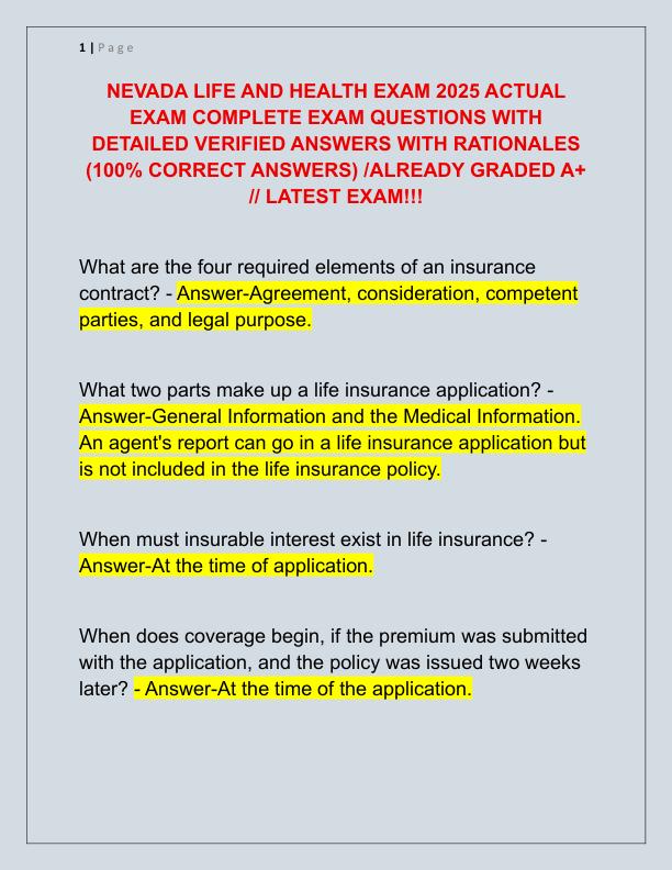 NEVADA LIFE AND HEALTH EXAM 2025 ACTUAL EXAM COMPLETE EXAM QUESTIONS WITH DETAILED VERIFIED ANSWERS WITH RATIONALES
