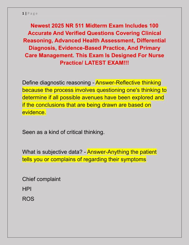 Newest 2025 NR 511 Midterm Exam Includes 100 Accurate And Verified Questions Covering Clinical Reasoning