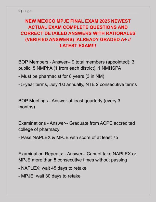 NEW MEXICO MPJE FINAL EXAM 2025 NEWEST ACTUAL EXAM COMPLETE QUESTIONS AND CORRECT DETAILED ANSWERS WITH RATIONALES
