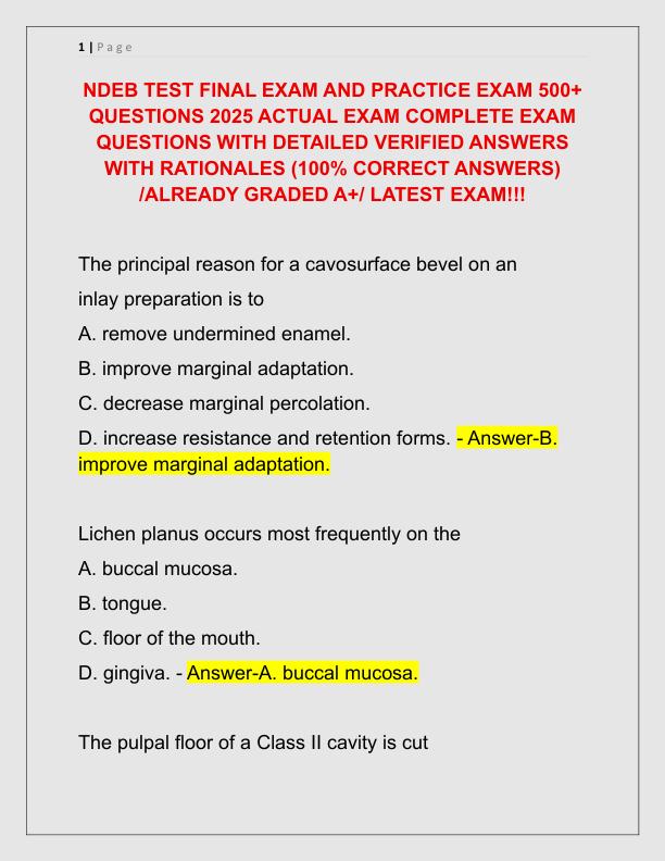 NDEB TEST FINAL EXAM AND PRACTICE EXAM 500
