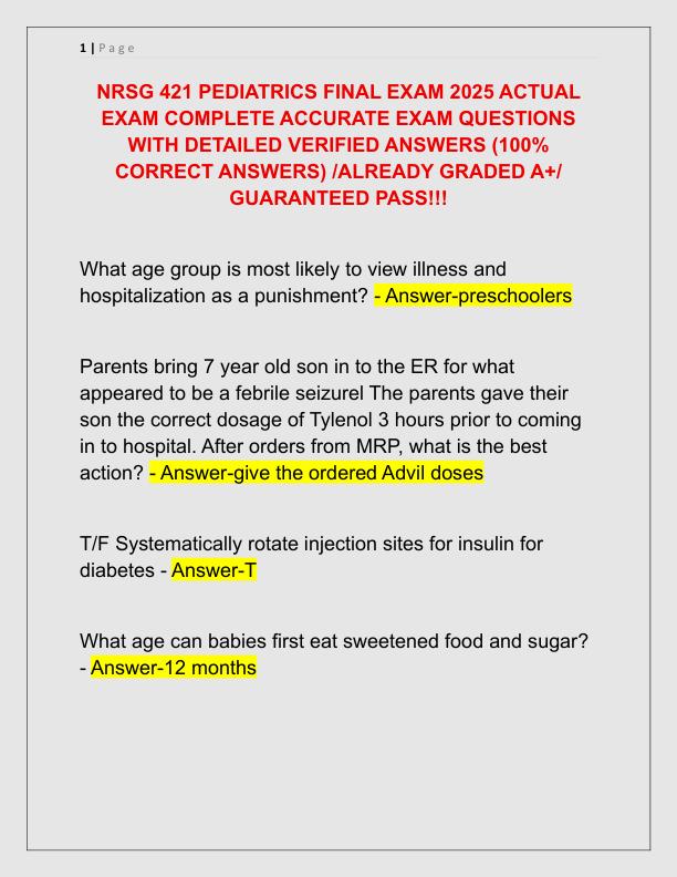 NRSG 421 PEDIATRICS FINAL EXAM 2025 ACTUAL EXAM COMPLETE ACCURATE EXAM QUESTIONS WITH DETAILED VERIFIED ANSWERS