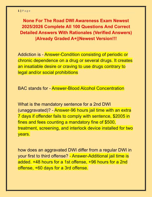 None For The Road DWI Awareness Exam Newest 2025