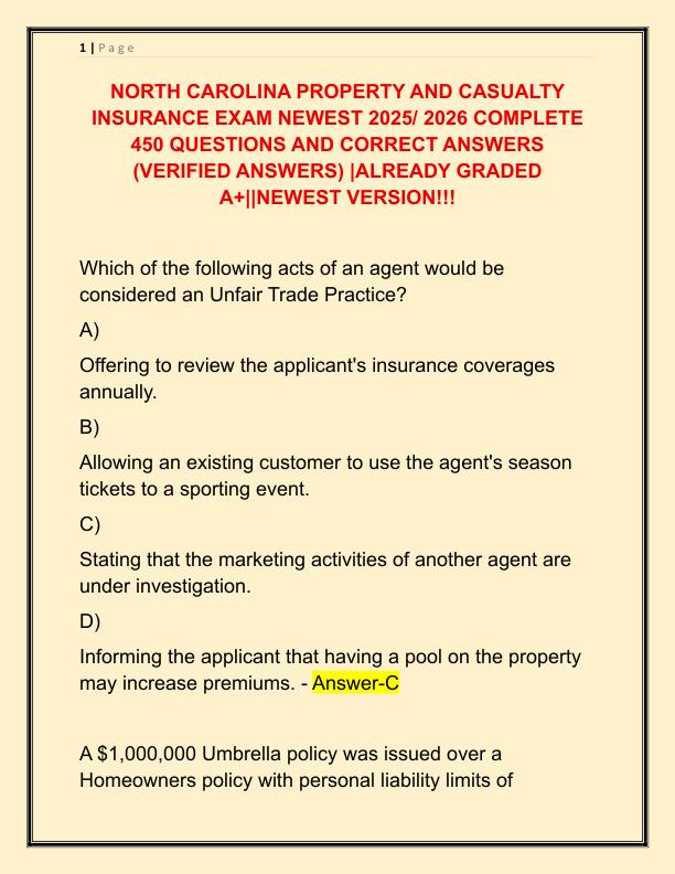 NORTH CAROLINA PROPERTY AND CASUALTY INSURANCE EXAM NEWEST 2025