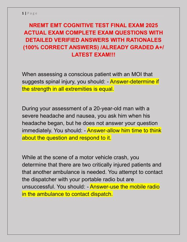 NREMT EMT COGNITIVE TEST FINAL EXAM 2025 ACTUAL EXAM COMPLETE EXAM QUESTIONS WITH DETAILED VERIFIED ANSWERS WITH RATIONALES