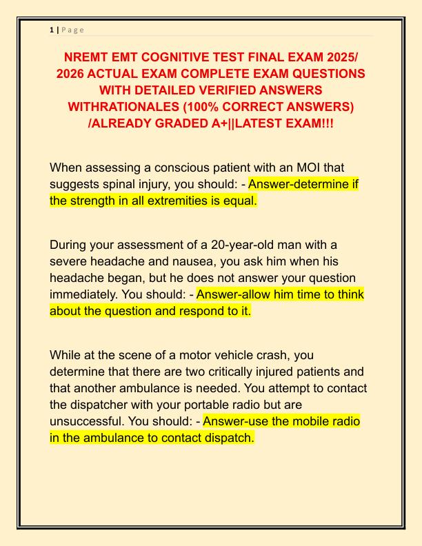NREMT EMT COGNITIVE TEST FINAL EXAM 2025