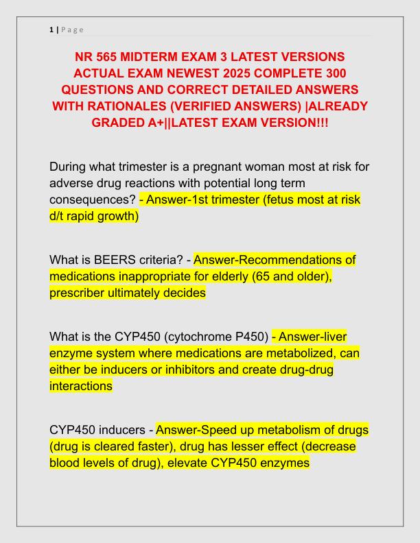 NR 565 MIDTERM EXAM 3 LATEST VERSIONS ACTUAL EXAM NEWEST 2025 COMPLETE 300 QUESTIONS AND CORRECT DETAILED ANSWERS WITH RATIONALES