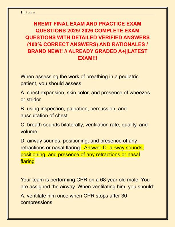 NREMT FINAL EXAM AND PRACTICE EXAM QUESTIONS 2025