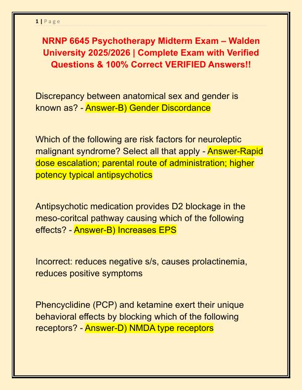 NRNP 6645 Psychotherapy Midterm Exam