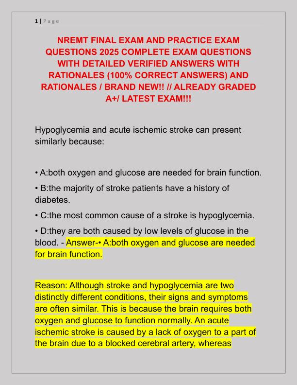 NREMT FINAL EXAM AND PRACTICE EXAM QUESTIONS 2025 COMPLETE EXAM QUESTIONS WITH DETAILED VERIFIED ANSWERS WITH RATIONALES