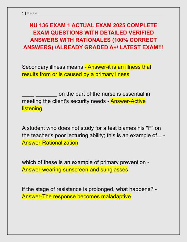 NU 136 EXAM 1 ACTUAL EXAM 2025 COMPLETE EXAM QUESTIONS WITH DETAILED VERIFIED ANSWERS WITH RATIONALES