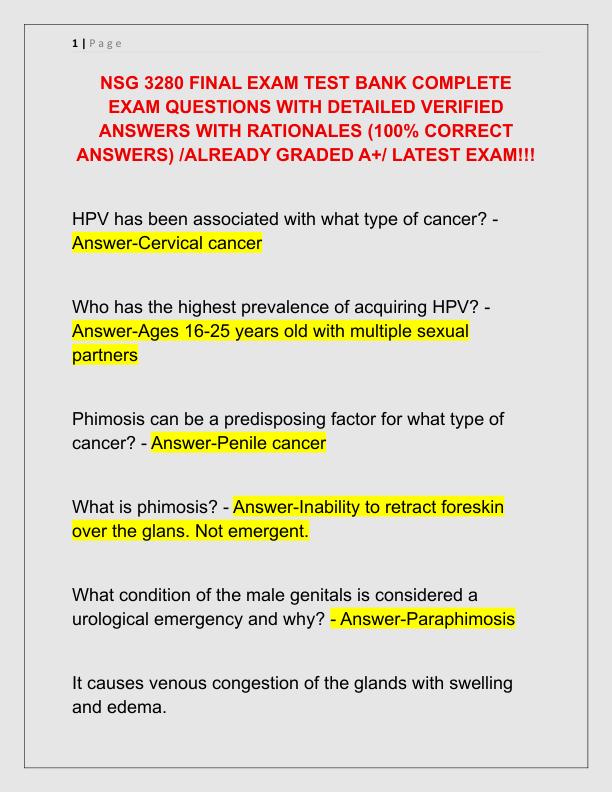 NSG 3280 FINAL EXAM TEST BANK COMPLETE EXAM QUESTIONS WITH DETAILED VERIFIED ANSWERS WITH RATIONALES