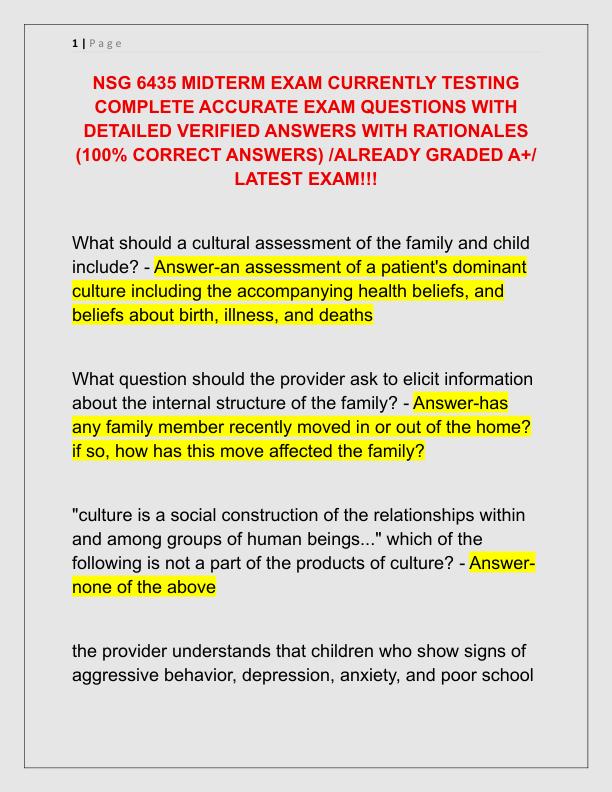 NSG 6435 MIDTERM EXAM CURRENTLY TESTING COMPLETE ACCURATE EXAM QUESTIONS WITH DETAILED VERIFIED ANSWERS WITH RATIONALES