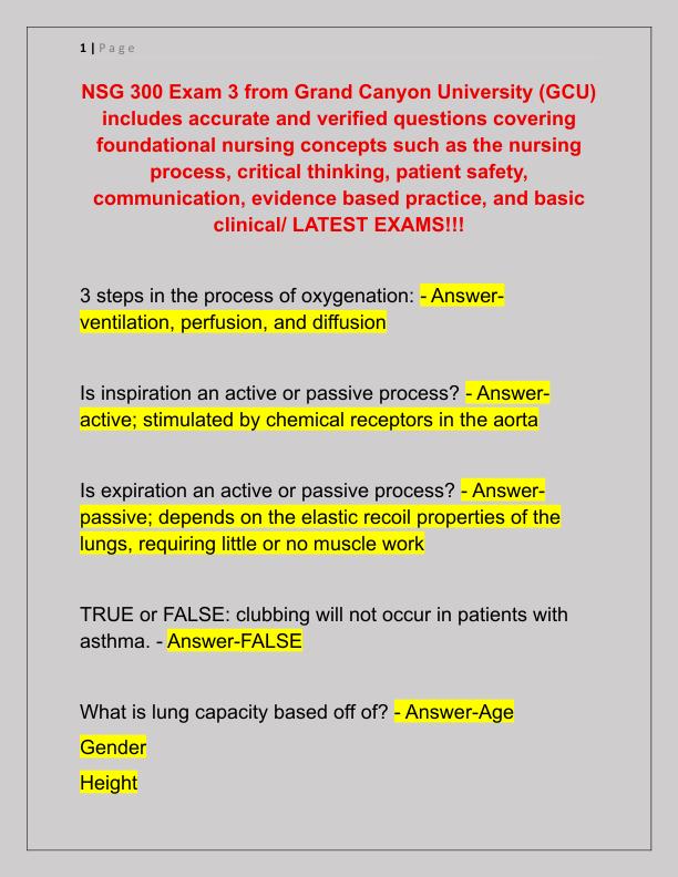 NSG 300 Exam 3 from Grand Canyon University
