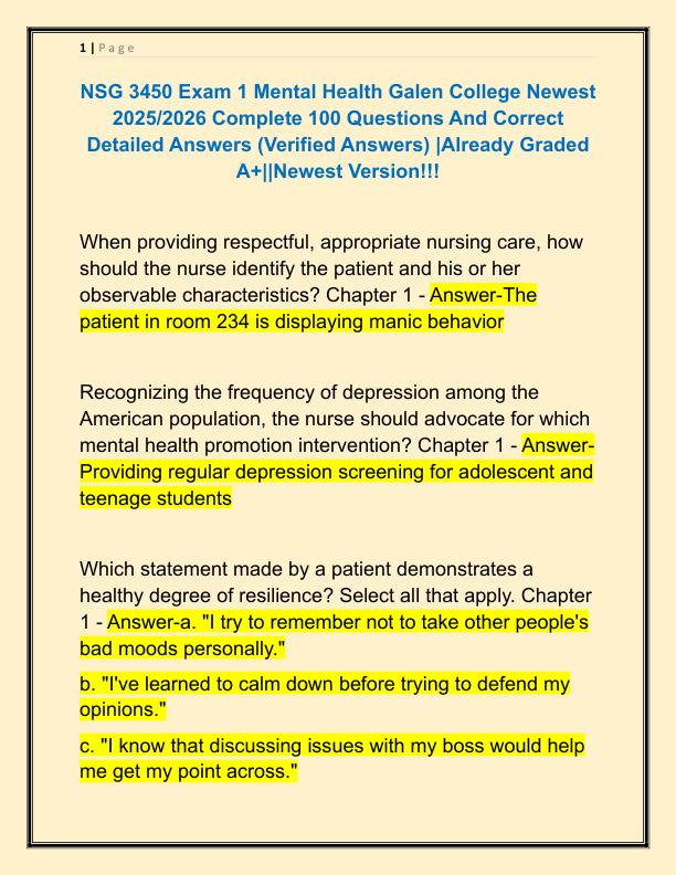 NSG 3450 Exam 1 Mental Health Galen College Newest 2025