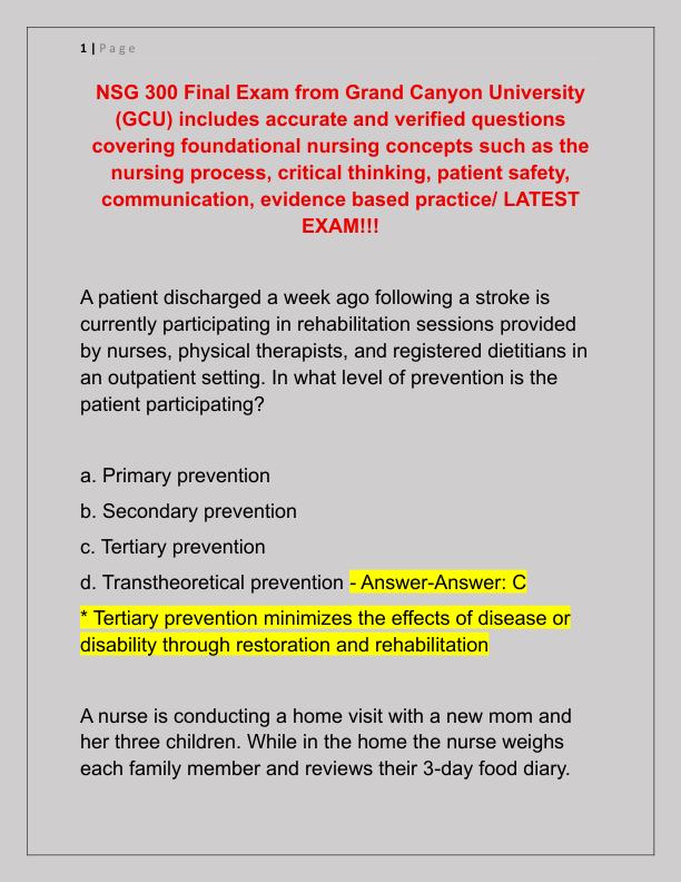 NSG 300 Final Exam from Grand Canyon University