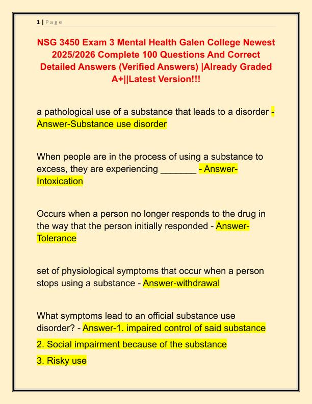 NSG 3450 Exam 3 Mental Health Galen College Newest 2025