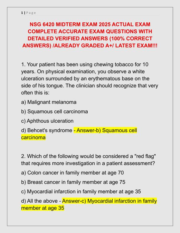 NSG 6420 MIDTERM EXAM 2025 ACTUAL EXAM COMPLETE ACCURATE EXAM QUESTIONS WITH DETAILED VERIFIED ANSWERS