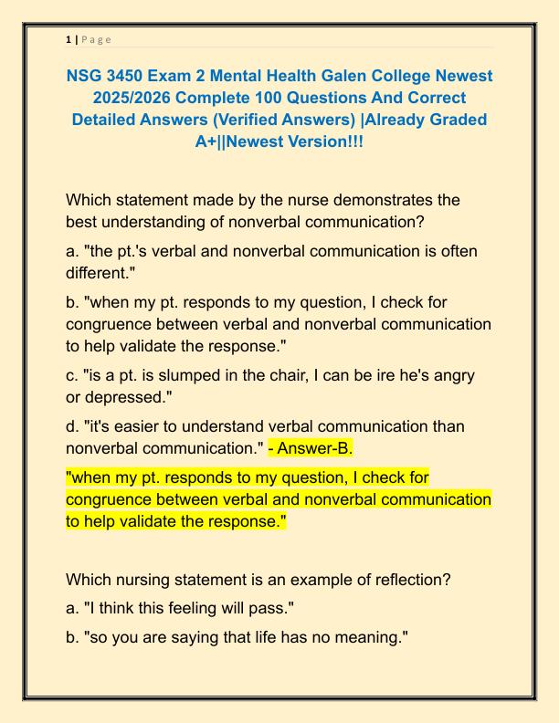 NSG 3450 Exam 2 Mental Health Galen College Newest 2025