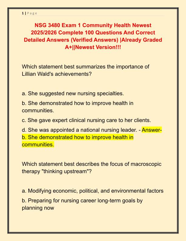 NSG 3480 Exam 1 Community Health Newest 2025