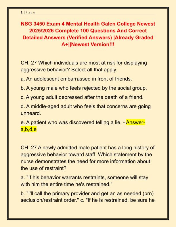 NSG 3450 Exam 4 Mental Health Galen College Newest 2025
