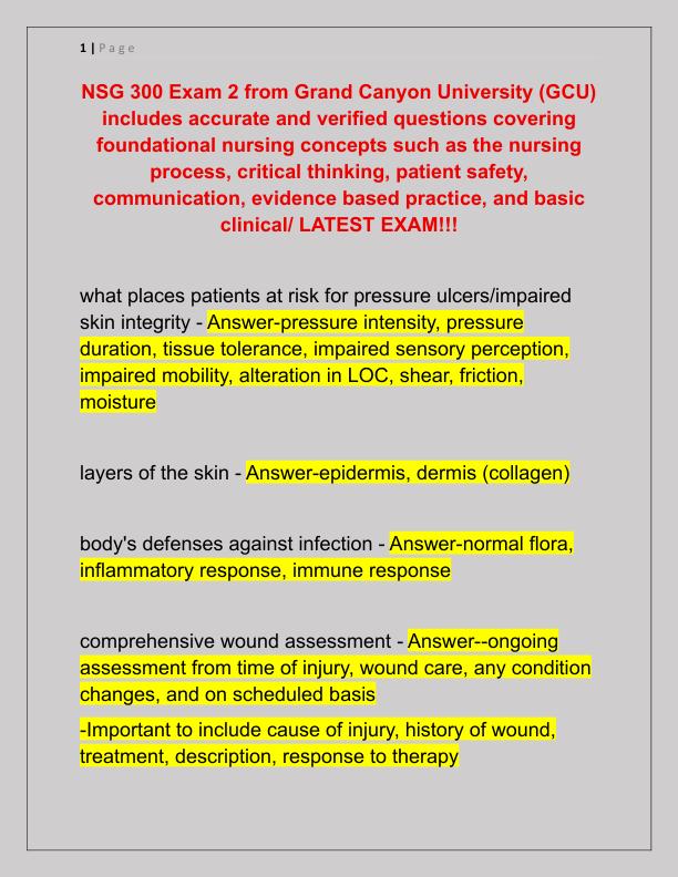 NSG 300 Exam 2 from Grand Canyon University