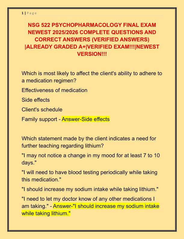 NSG 522 PSYCHOPHARMACOLOGY FINAL EXAM NEWEST 2025