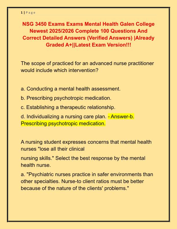 NSG 3450 Exams Exams Mental Health Galen College Newest 2025