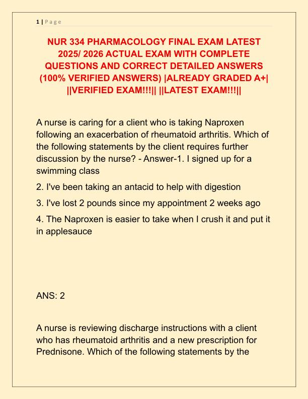 NUR 334 PHARMACOLOGY FINAL EXAM LATEST 2025
