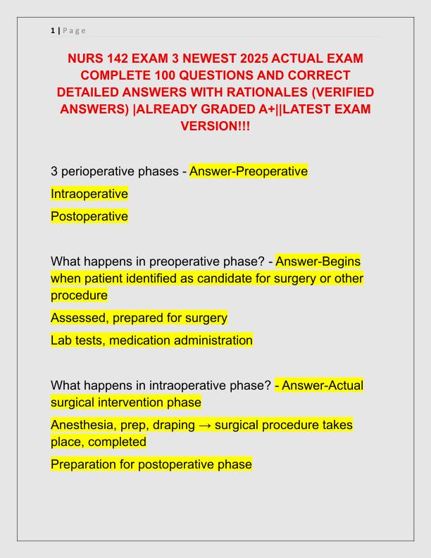 NURS 142 EXAM 3 NEWEST 2025 ACTUAL EXAM COMPLETE 100 QUESTIONS AND CORRECT DETAILED ANSWERS WITH RATIONALES