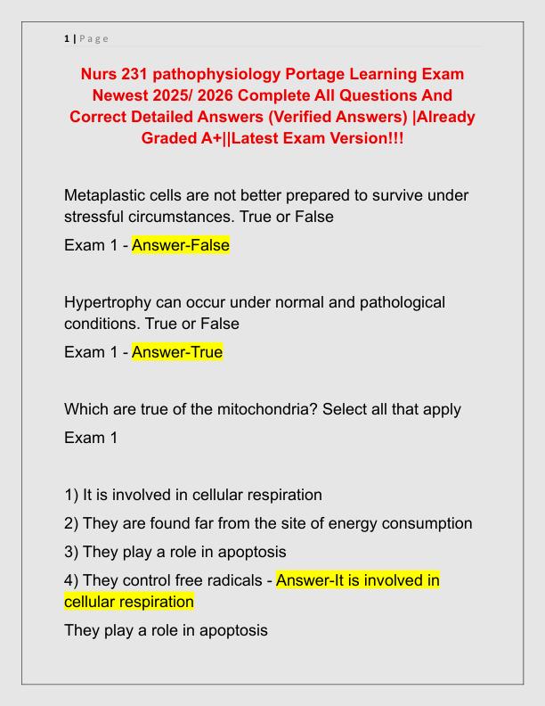 Nurs 231 pathophysiology Portage Learning Exam Newest 2025