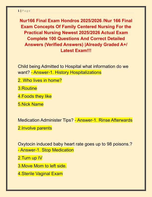 Nur166 Final Exam Hondros 2025