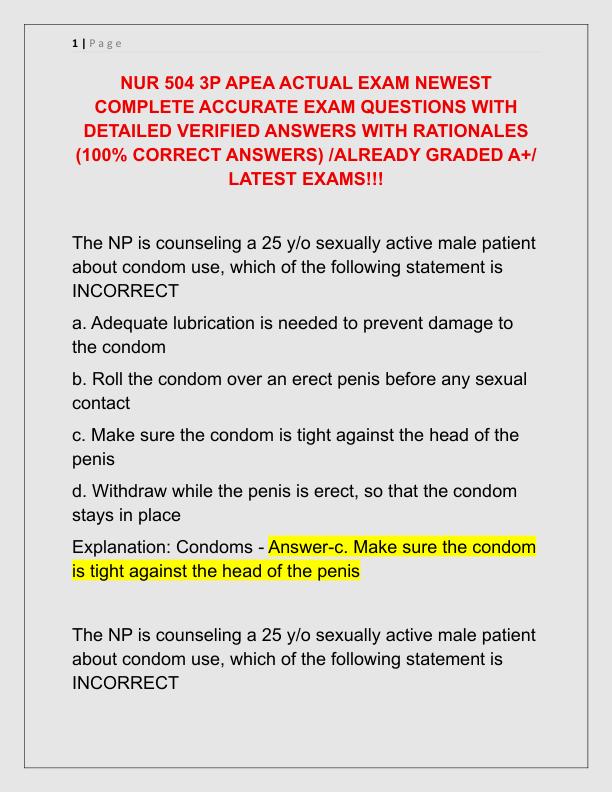 NUR 504 3P APEA ACTUAL EXAM NEWEST COMPLETE ACCURATE EXAM QUESTIONS WITH DETAILED VERIFIED ANSWERS WITH RATIONALES