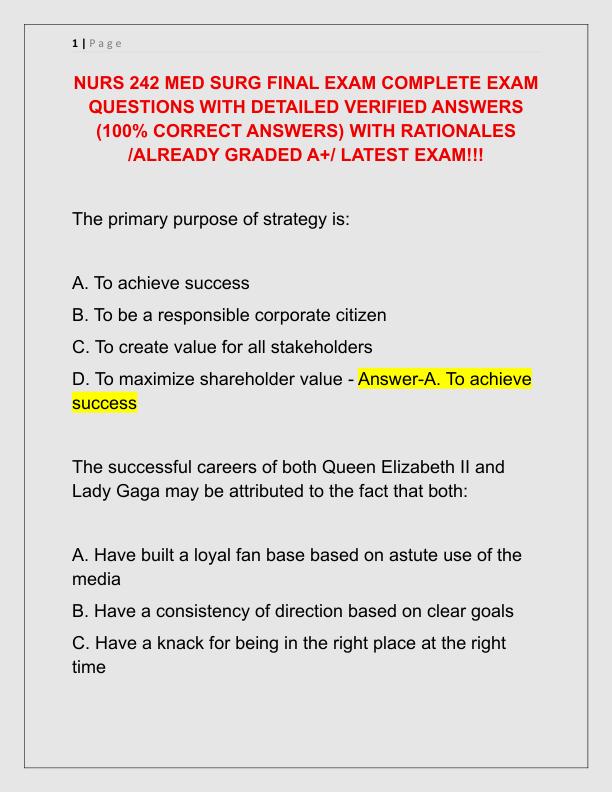 NURS 242 MED SURG FINAL EXAM COMPLETE EXAM QUESTIONS WITH DETAILED VERIFIED ANSWERS