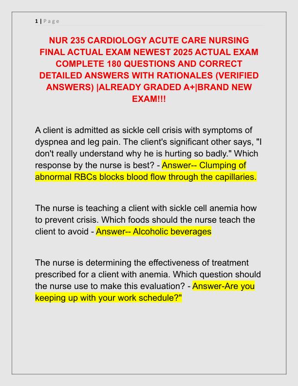 NUR 235 CARDIOLOGY ACUTE CARE NURSING FINAL ACTUAL EXAM NEWEST 2025 ACTUAL EXAM COMPLETE 180 QUESTIONS AND CORRECT DETAILED ANSWERS WITH RATIONALES