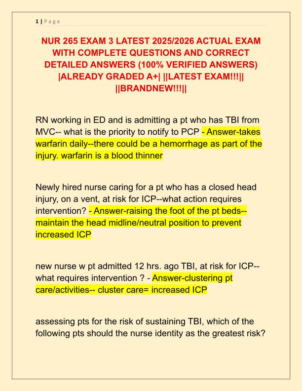 NUR 265 EXAM 3 LATEST 2025