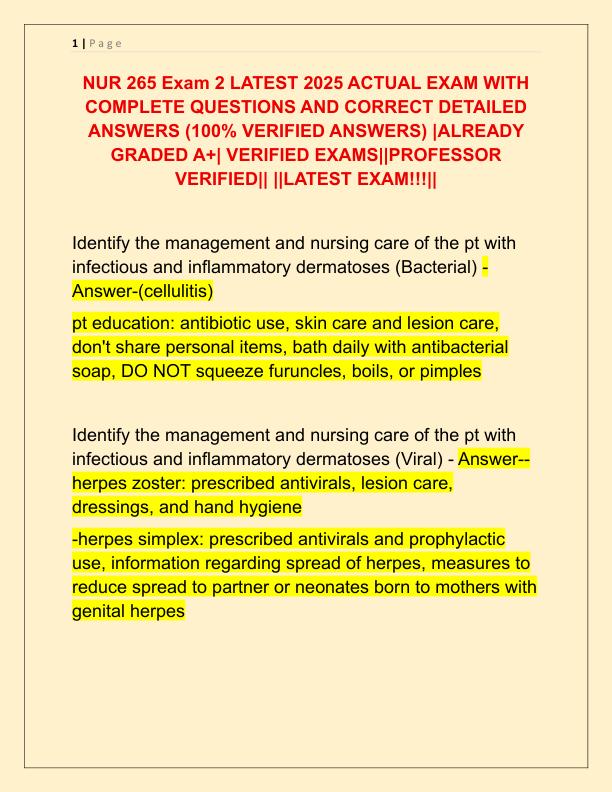 NUR 265 Exam 2 LATEST 2025 ACTUAL EXAM WITH COMPLETE QUESTIONS AND CORRECT DETAILED ANSWERS