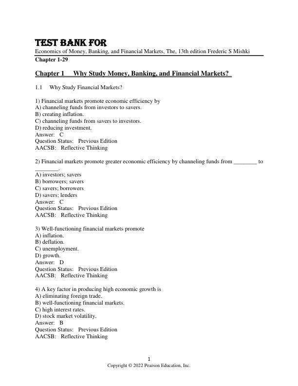 Test Bank For Economics of Money, Banking, and Financial Markets, The, 13th Edition by Frederic S Mishki Chapter 1-29